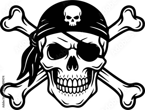 Pirate Skull Jolly Roger with Eyepatch Bandana Crossed Swords Crossbones Bold Black Line Art Vector Logo