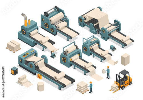 Industrial manufacturing plant machinery and equipment with paper rolls, cardboard boxes and forklift
