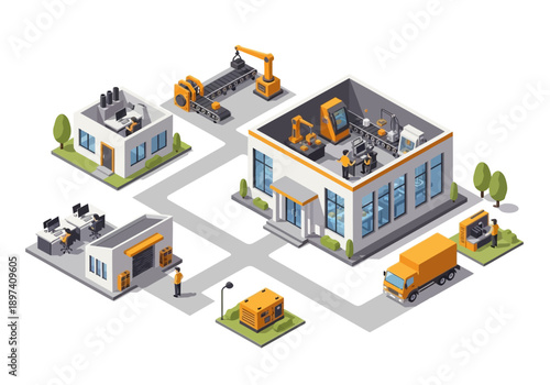 Isometric illustration of a modern industrial complex featuring manufacturing, assembly, and logistics operations