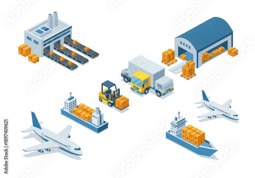 Logistics and supply chain management industry with transportation vehicles and warehouses