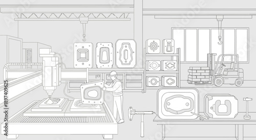 A detailed illustration of a modern industrial workshop featuring a CNC machine, molds, and a forklift.