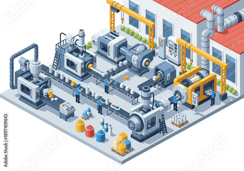 Isometric view of a modern manufacturing plant with assembly lines and machinery in operation