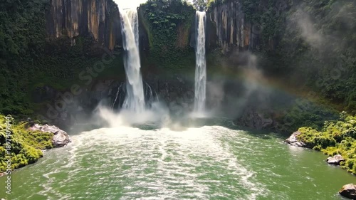 Aerial View of a Spectacular Twin Waterfall in a Tropical Rainforest.