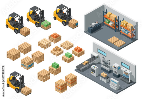 Isometric warehouse and factory elements forklifts, pallets, machinery, and storage shelves for logistics and manufacturing