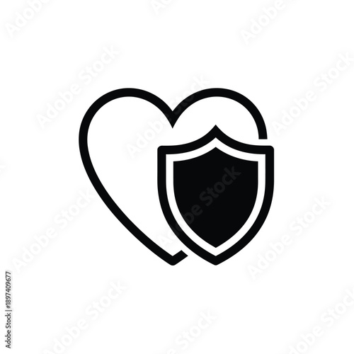 Heart protection shield symbol for medical safety and healthcare insurance representing secure wellness and emotional support for personal life coverage and cardiology services in solid black style