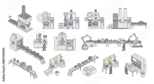 Isometric illustration of various industrial manufacturing machines and processes, including assembly lines, robotic arms, and quality control stations.