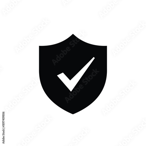 Black shield with white check mark icon representing successful security verification and approval for protected systems or completed tasks