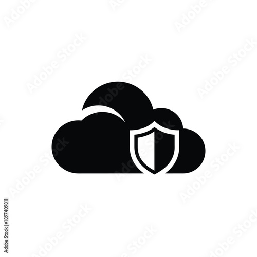 Black cloud icon with embedded security shield symbolizing cloud computing protection and secure data storage services for online information