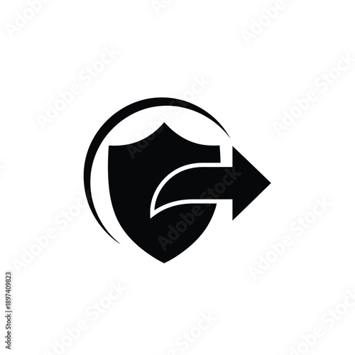 Data protection shield icon with forward arrow symbol represents security transfer sharing information encryption privacy safety cybersecurity defense safeguard protocol network communication tool