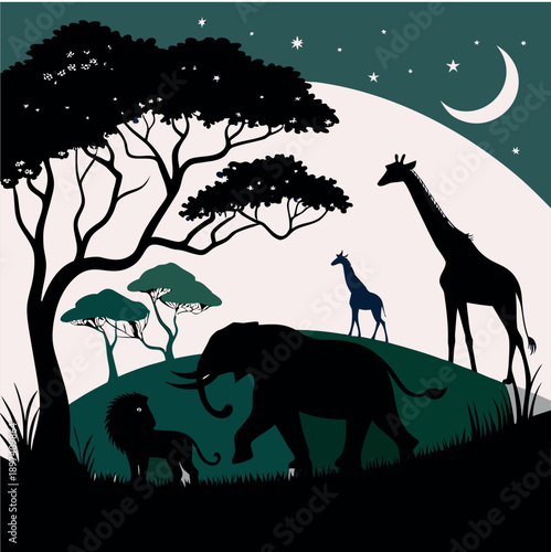 Canvas Print A silhouette of wild animals like a deer and elephant stands against a sunset sk
