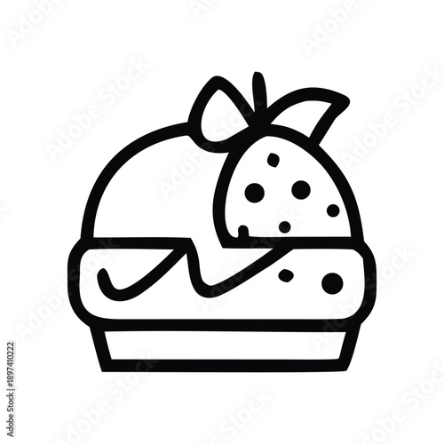 Charming hand-drawn style cupcake icon with strawberry topping, perfect for bakery menus, dessert shop logos, sweet treat illustrations, or digital design elements showcasing confectionery delight