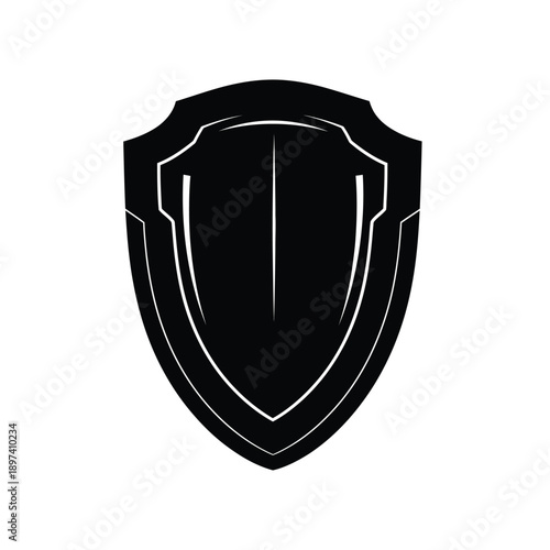 Simple black shield emblem with metallic sheen and smooth lines on white background symbolizing protection and defense with strength and integrity vector graphic