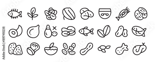 Meat and Seafood Doodle Icons Set, Black Line Art Protein Collection, vector illustration eps 10