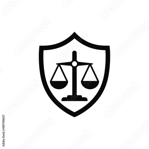 Shield with justice scales symbol, representing law, legal system, fairness, balance, and judgment in court or legal proceedings