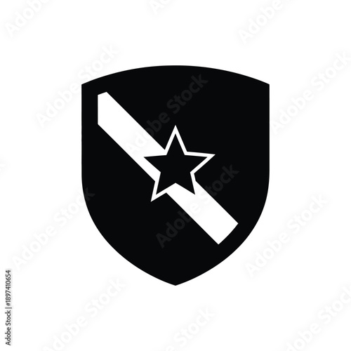Black shield icon with white diagonal stripe and star symbol isolated on plain background professional security emblem for protection services military rank insignia law enforcement badge element