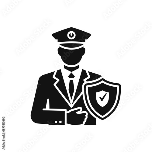 Professional security officer icon holding protective shield with checkmark symbol representing expert guardianship law enforcement patrol and private safety services vector illustration for business