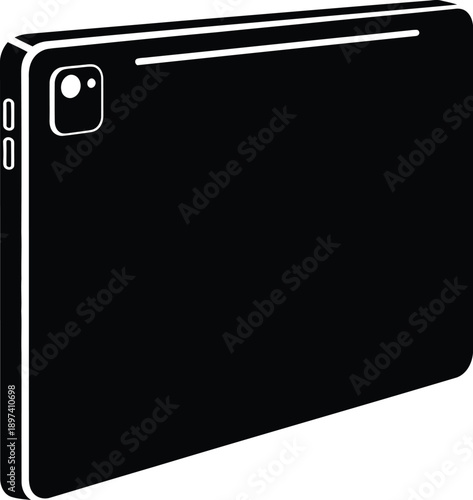 A sleek black silhouette icon of a modern tablet device from a side and rear perspective