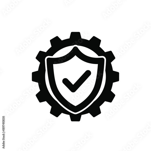 Industrial quality assurance icon featuring gear shield and check mark symbol for manufacturing standards compliance security system maintenance technical safety procedures professional development