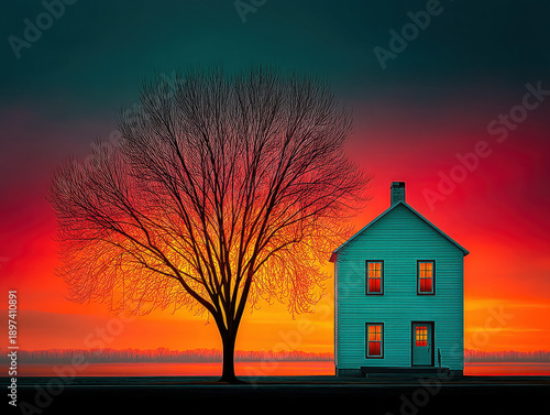 Farm house silhouette at su...