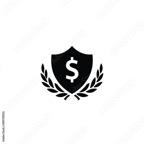 Money protection concept vector illustration, financial security shield icon, dollar shield with laurel wreath vector graphic design, simple black and white