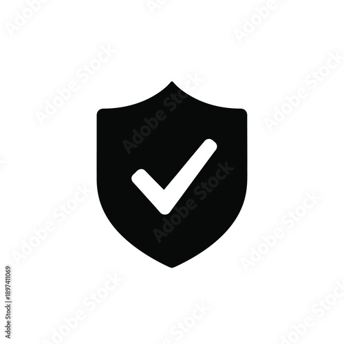 Protection shield with check mark vector icon, security approved symbol, secured system or verified sign, flat design style, black and white vector