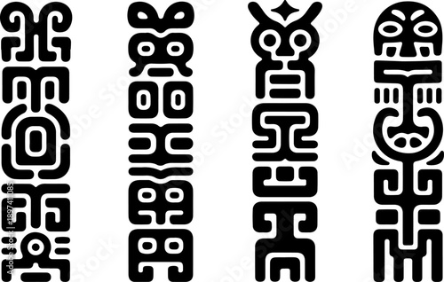 Tribal Totem Tiki Mask Vertical Pattern Set Black Vector