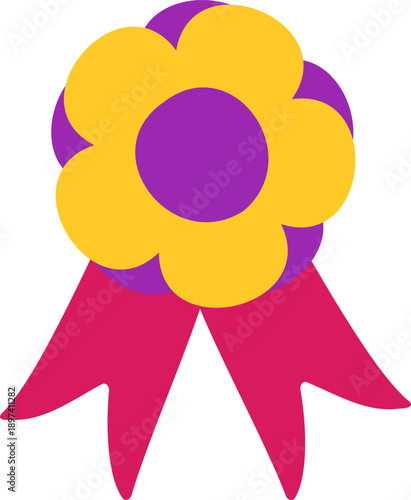 Colorful award ribbon icon with yellow flower and pink ribbons. Flat design prize medal isolated