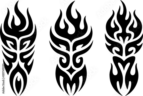 Tribal Totem Tiki Mask Vertical Pattern Set Black Vector