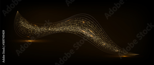 Flying golden glitter, scattered shiny particles, golden sparkle splash, shimmering stardust explosion isolated on dark background. Holiday decorations.