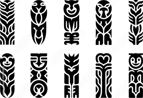 Tribal Totem Tiki Mask Vertical Pattern Set Black Vector