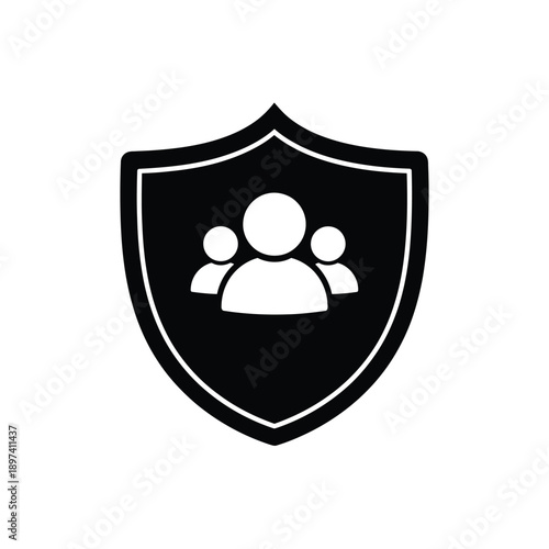 Human resource protection icon featuring group of people inside shield symbol representing teamwork safety community security insurance coverage social welfare and collective defense organization