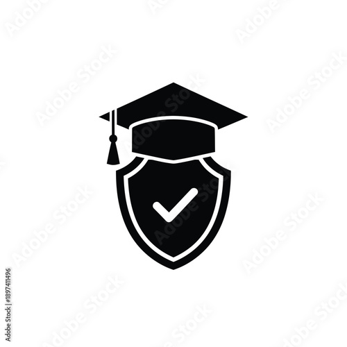 Graduation cap shield icon in flat style, secure academic vector illustration on white isolated background, certified education business concept, quality school sign