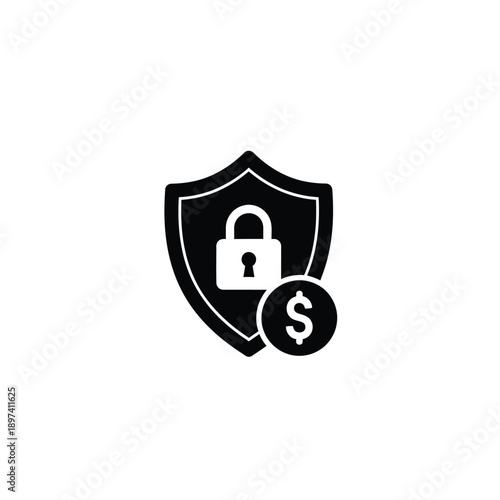 Black shield icon featuring secure padlock with dollar coin sign for financial protection and secure banking services in digital asset management and money safety insurance logo design background