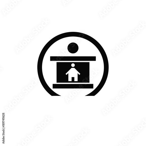 Abstract circular icon with human silhouette and building outline representing community shelter housing programs social welfare initiatives and human rights protection services for all citizens