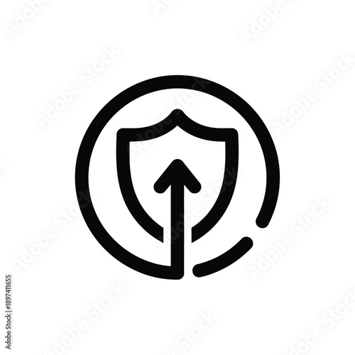 Modern line art shield icon with upward arrow within circular border symbolizing data upgrade protection security enhancement and system defense improvement for cybersecurity software technology