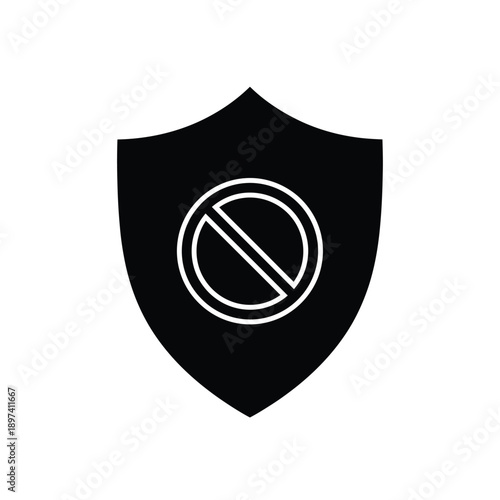 Simple black shield icon featuring central stop sign or restricted symbol for indicating blocked access security alerts malware prevention and firewall protection in computer network environments