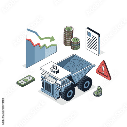 Financial analysis of mining industry with dump truck and warning sign.