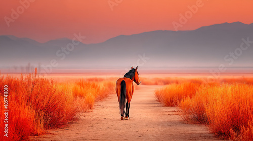Horse walking away into a s...