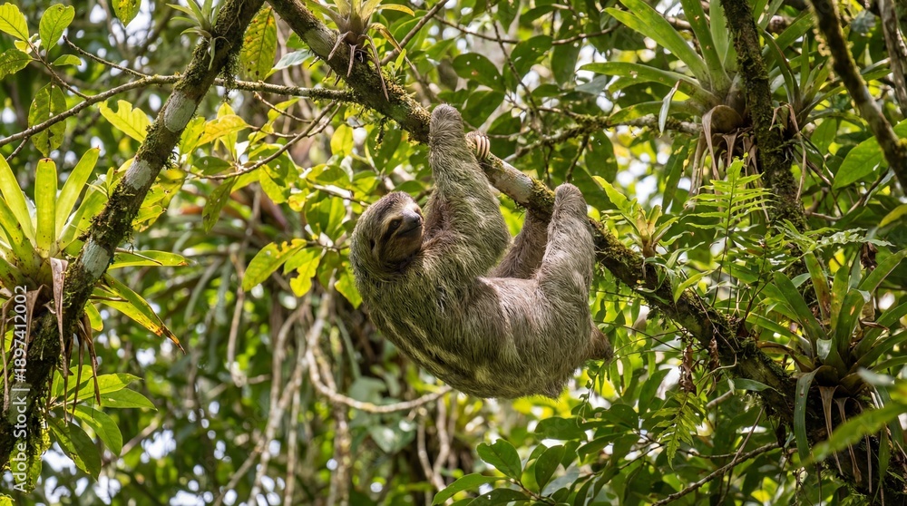 Fototapeta premium Sloth Hanging on Tree Branch with Lush Green Foliage Symbolizing Wildlife Conservation, Nature Preservation