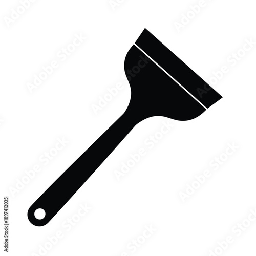 Black silhouette of ice scraper tool with long handle and flat scraping blade, designed for removing frost and ice from windows and surfaces