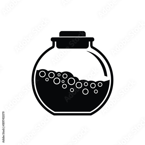 Round glass bottle with bubbling liquid content icon for science laboratory chemistry experiment potion container alchemy flask vessel apothecary jar pharmacy medicine symbol research equipment