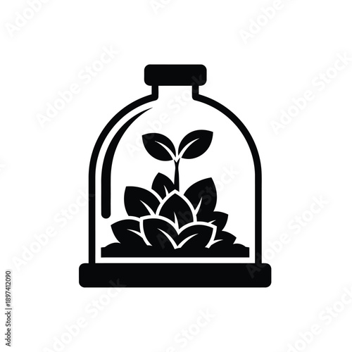 Greenhouse cloche with growing plant leaves icon representing sustainable agriculture botanical gardening nature conservation environmental protection plant seedling nursery glass dome greenhouse
