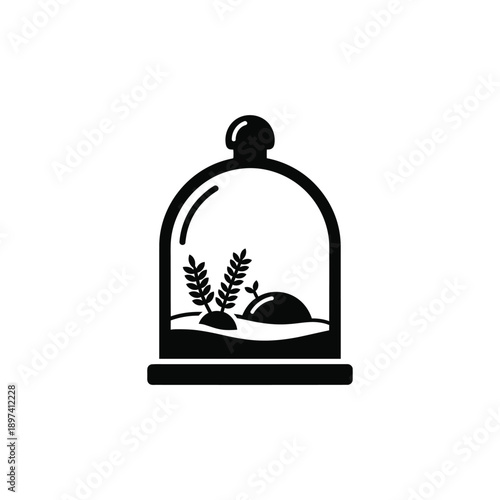 Minimalist black and white terrarium with small plants and a snail inside, symbolizing miniature ecosystems, botany, and enclosed environments in a sleek graphic illustration