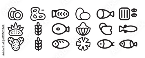 Meat and Seafood Doodle Icons Set, Black Line Art Protein Collection, vector illustration eps 10