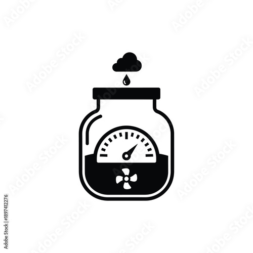 Black and white illustration of a jar containing a gauge and a fan, with a cloud dripping into it, representing humidity control and air circulation within an enclosed system