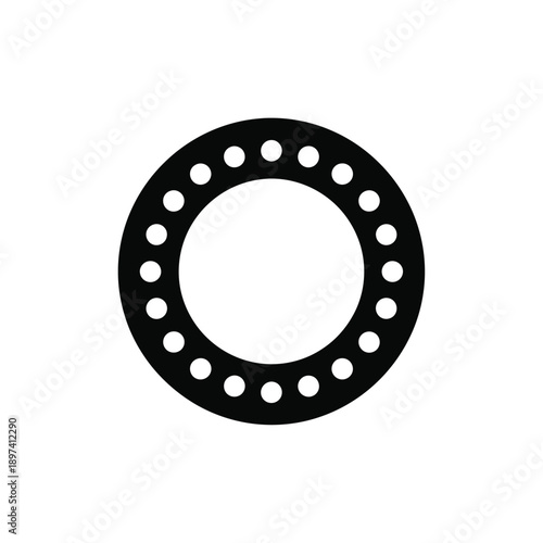 Black circular object with numerous small white dots forming a ring around outer edge on white background, industrial gear wheel
