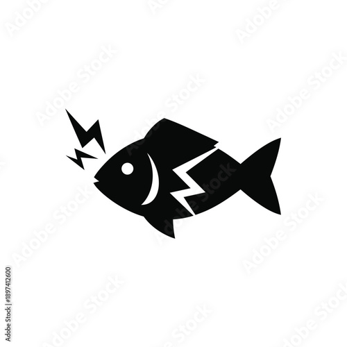 Electronic fish tracker icon with signal flash representing fish finder technology and sonar detection for fishing equipment and marine exploration isolated black silhouette on white background