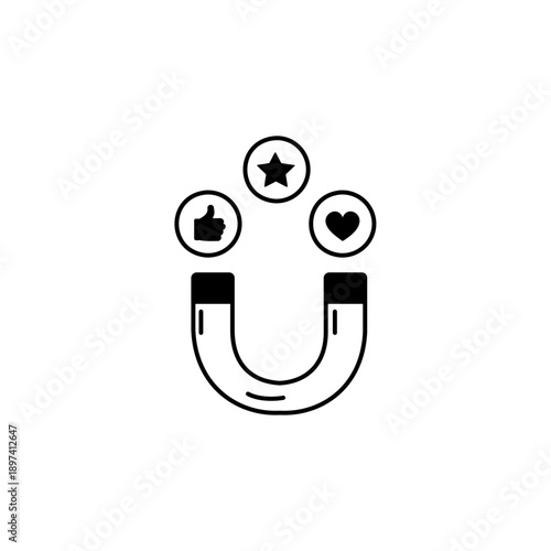 Magnet attracting social media engagement icons. Minimalist black line vector illustration of customer attraction, digital marketing, and follower growth concept.