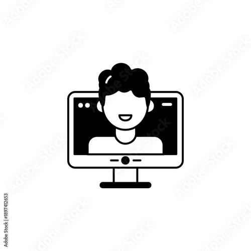 Computer monitor with male user profile avatar. Minimalist black line vector icon for vlogger channel.