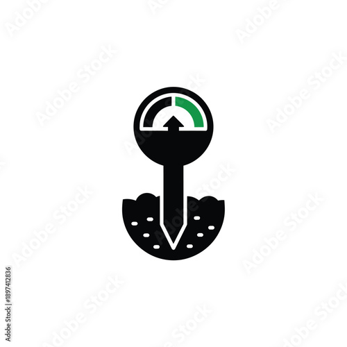 Soil pH meter inserted into ground, measuring acidity or alkalinity for plant health, agriculture, and gardening, indicating soil quality and testing instruments for farmers and botanists